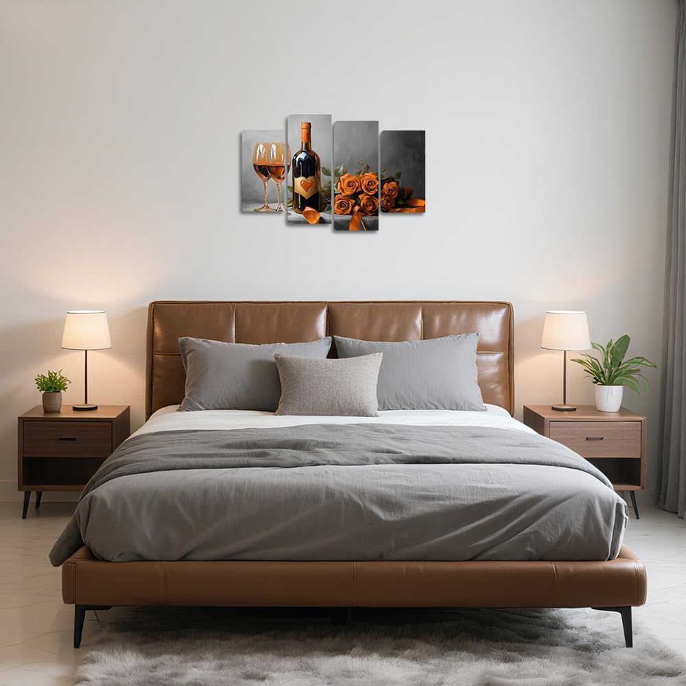 CCWORKERRY Orange Wine & Roses Canvas Wall Art 4PCS Black and White Wine Pictures Prints Romantic Glasses for Dining Room Restaurant Kitchen Wall Decor (orange,8x12inchx2 8x20inchx2)