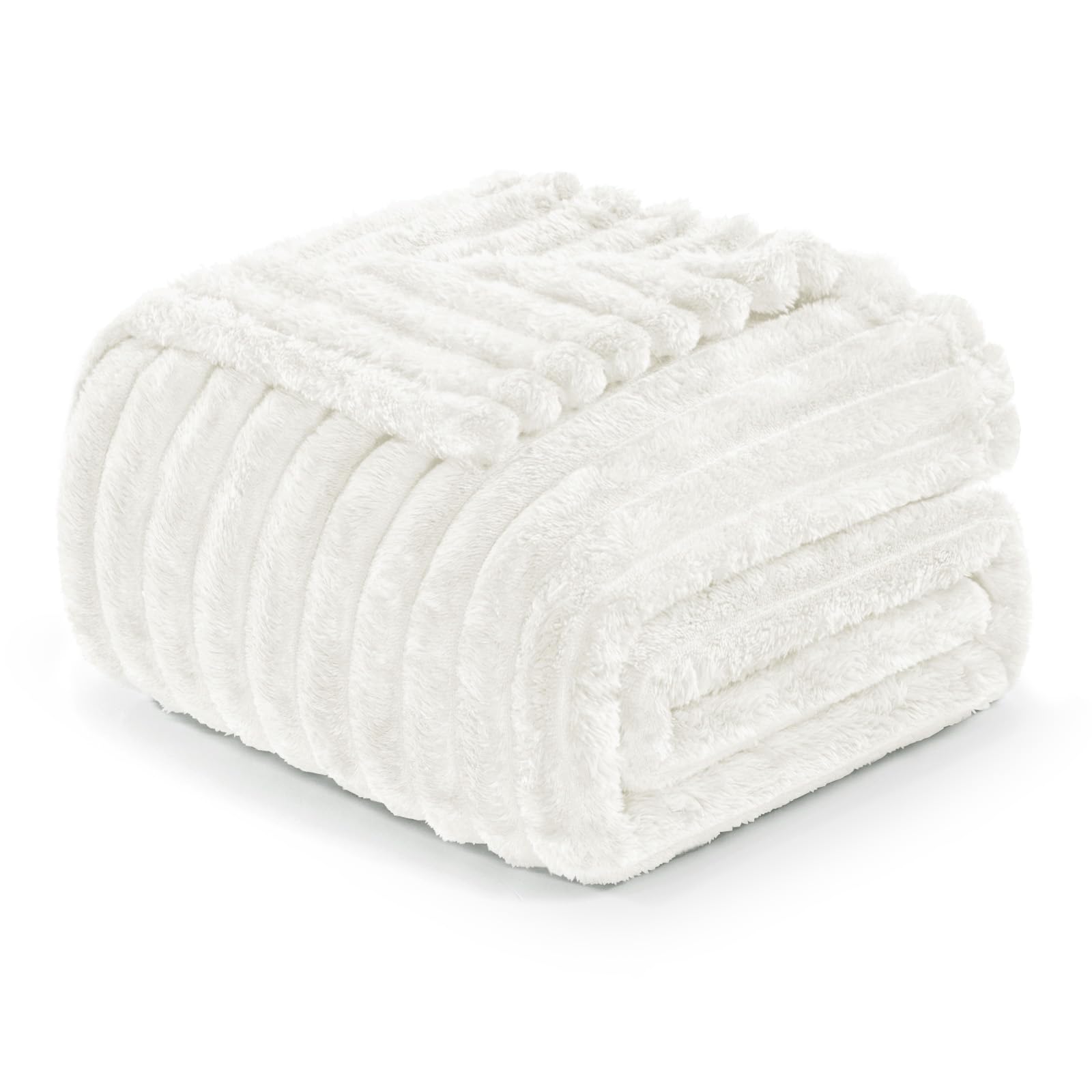Exclusivo Mezcla Fleece Throw Blanket for Couch, Super Soft Striped Jacquard Bed Blanket, Lightweight Fuzzy Cozy for All Seasons, 127x152 CM, IvoryOEKO-TEX STANDARD 100