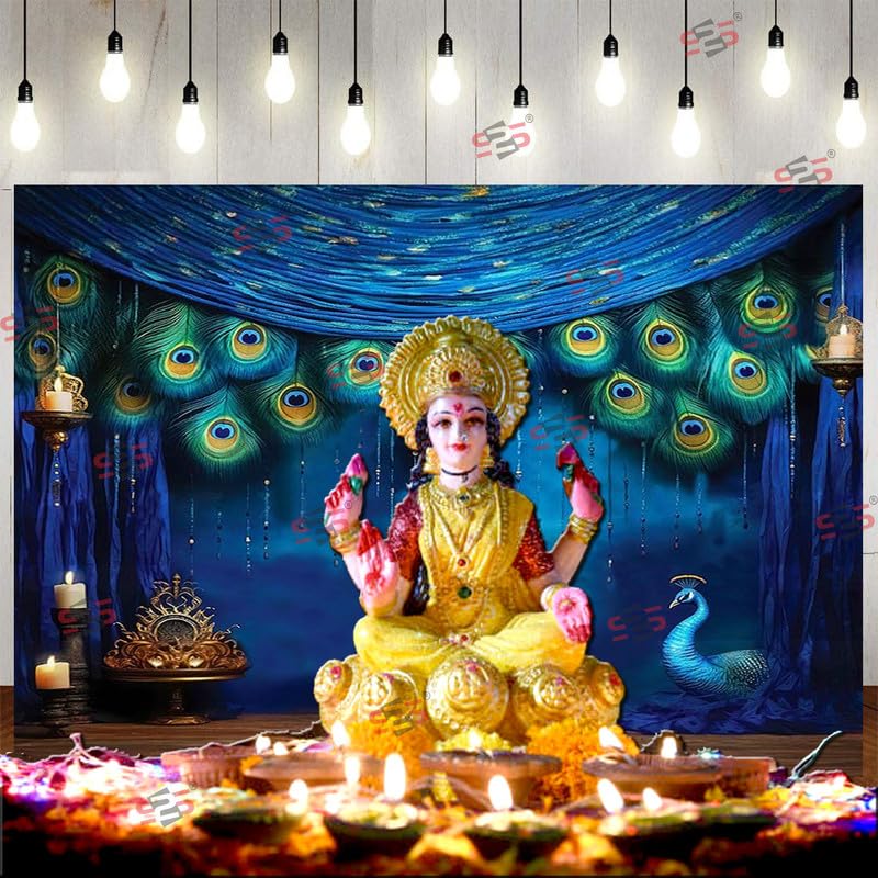Image of S2S Peacock Backdrop Cloth for Pooja Decoration Traditional, Background Decoration Cloth | Curtain Cloth for All Festival, Functions & Ceremonies - (5 x 8 Feet) (Peacock Blue)