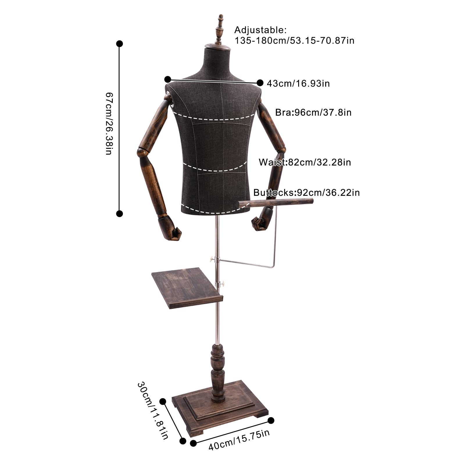 Mannequin de Couture pour Homme - Hauteur réglable - Buste pour Homme - avec Porte-Pantalon et Porte-Chaussures pour Exposer et Coudre (Marron)