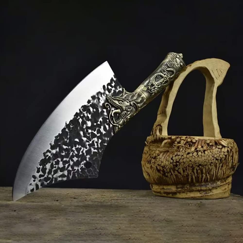 Meat Cleaver, 9.4 Inch Machete Longquan Kitchen Chop Cut Knives Chop Bone Cleaver Copper Dragon Decora Handle Butcher Viking Knife (Color : Chop Cut Knife, Kitchen Knife Size : 9.4 inch)