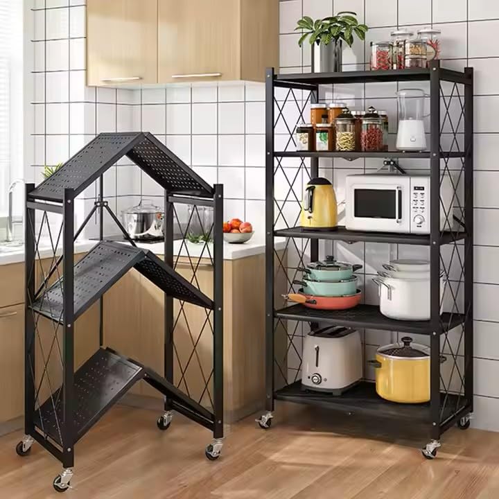ZEUS Foldable Kitchen Storage Rack Heavy Duty Space Saving multipurpose Metal Stand with Caster Wheels| Crockery Unit| Multifunctional Movable Microwave Stand Trolley| Foldable Indoor Outdoor (3 TIRE)-image-10