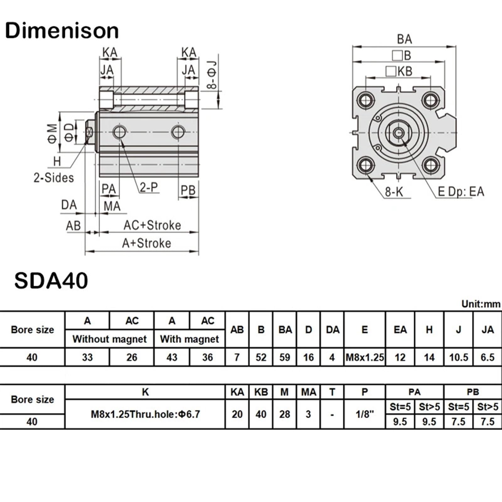 Siłownik pneumatyczny, Cylinder pneumatyczny podwójnego działania SDA40 o średnicy 40 mm, skoku 5–70 mm i opcjach magnesu(Sda40x40)