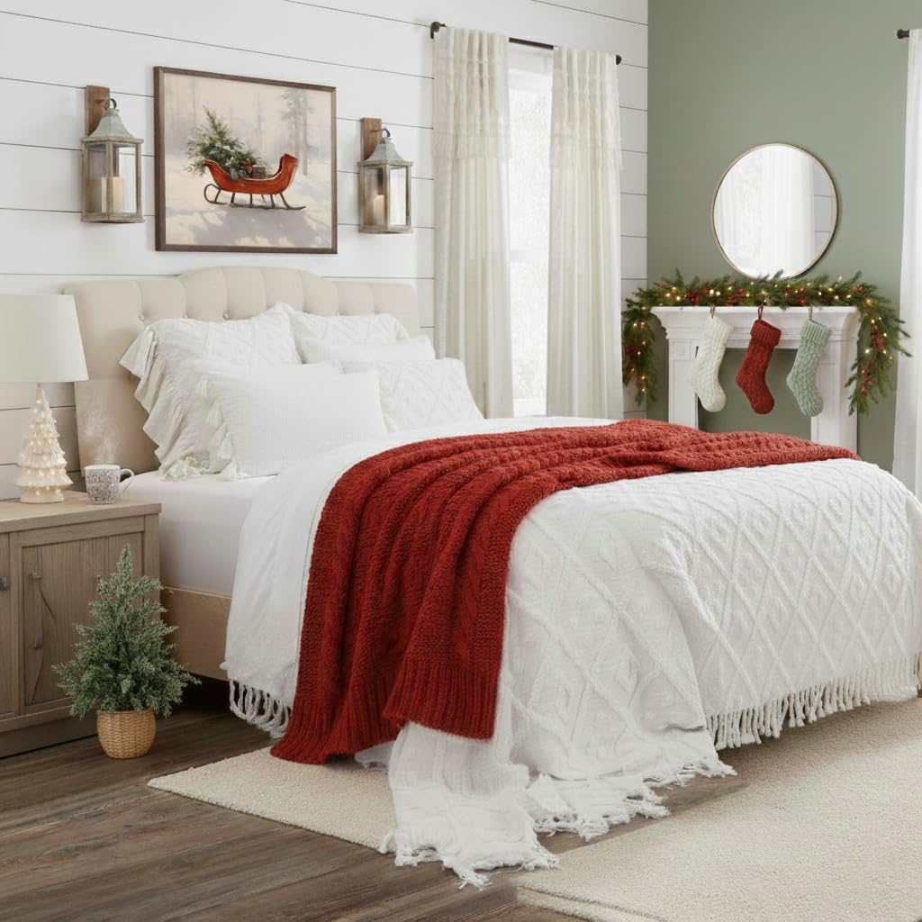 Piper Classics Harmony King Size Bedspread Coverlet w/Fringe, 107" L x 130" W, Farmhouse, Boho, Vintage Chenille Bedding, Off White Diamond Pattern