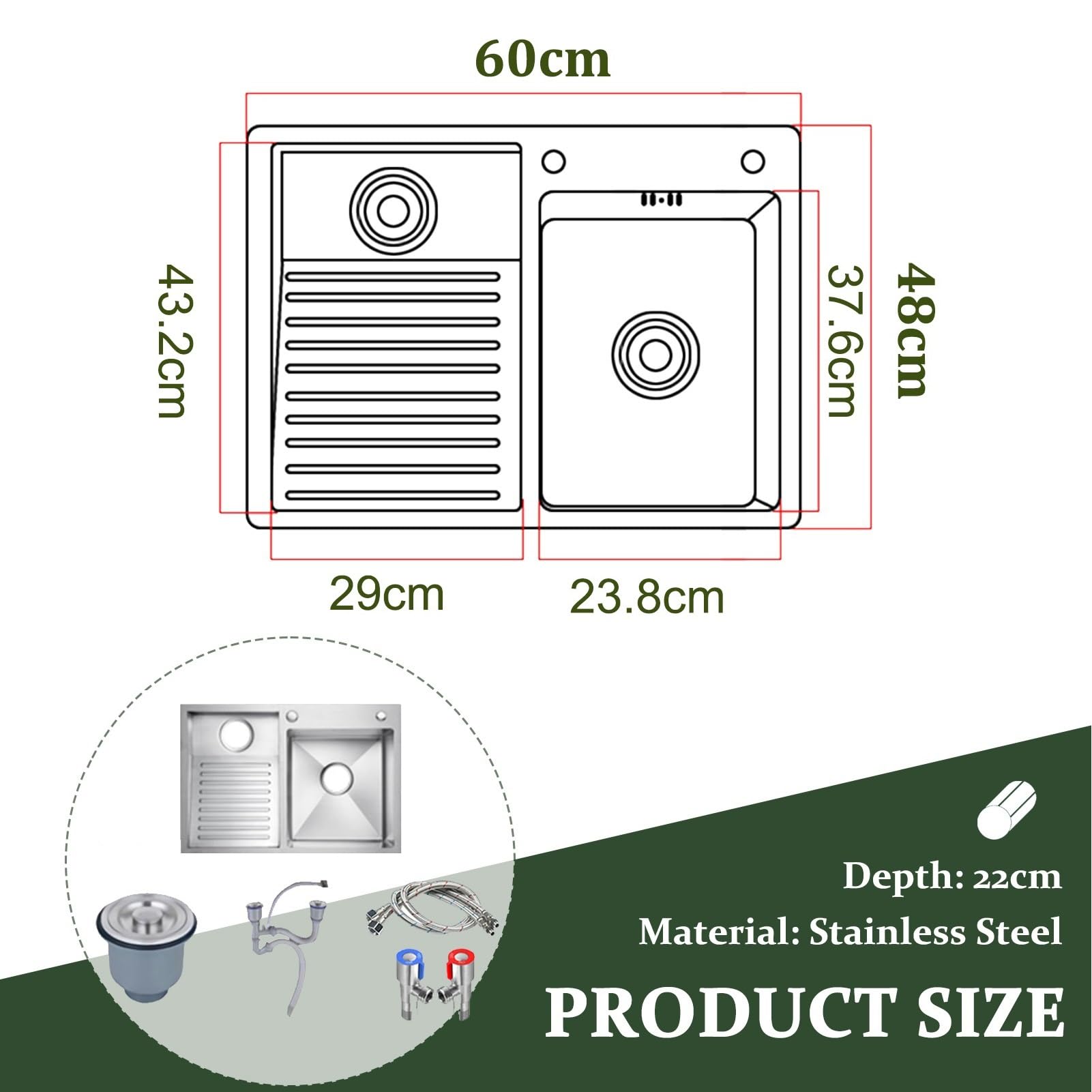 Stainless Steel Laundry Sink With Washboard – Handmade Utility Basin For Laundry Room, Workshop & Garage – Durable Brushed Finish, Deep Basin With Efficient Drainage(Left-a,60cm)