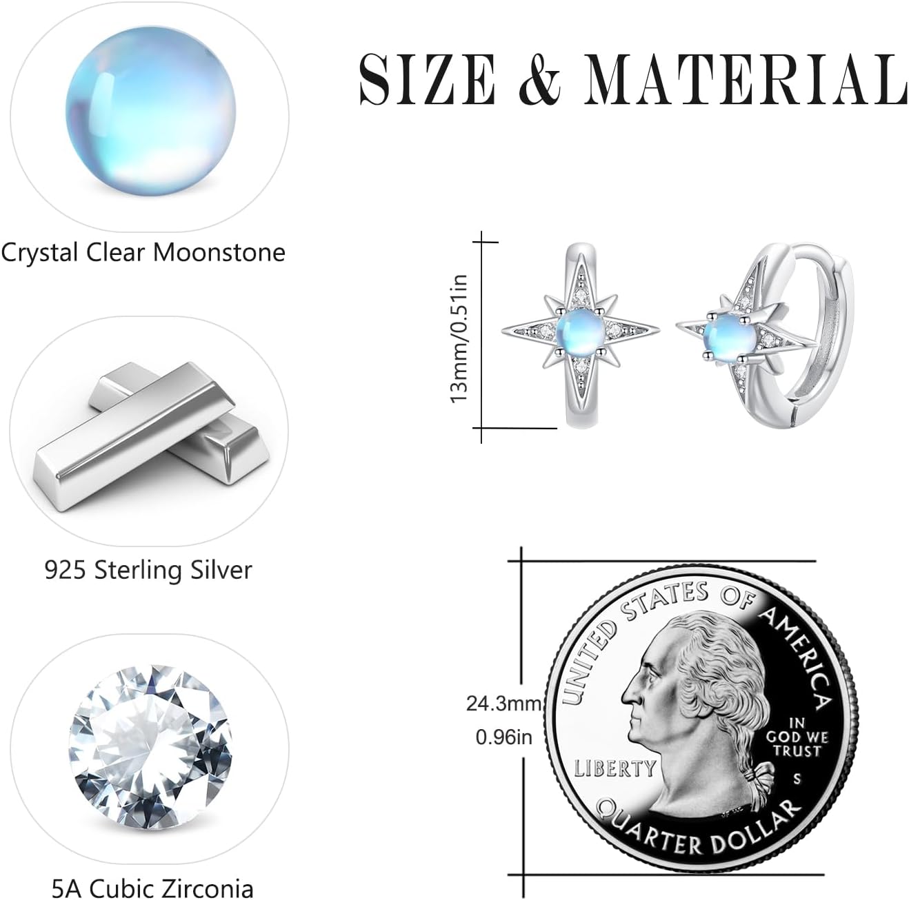 Star Earrings for Women 925 Sterling Silver Star Moonstone Hoop Earrings Small Hoop Earrings Moonstone Jewelry Gifts for Women - Image 5