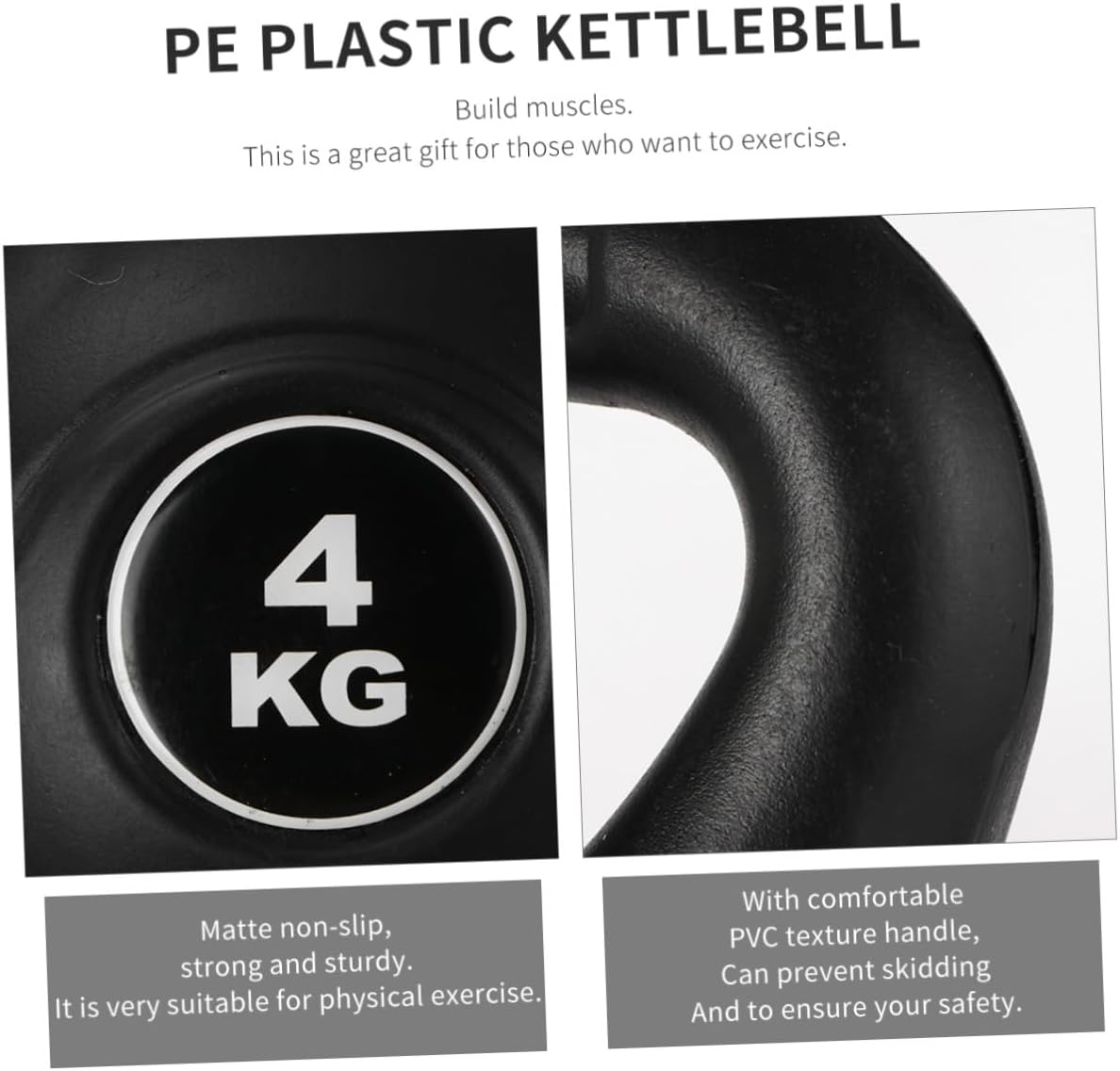 ibasenice 4kg Black Plastic Kettlebell Fitness Accessory Household Fixed Kettle-bell for Strength Training and Home Exercise