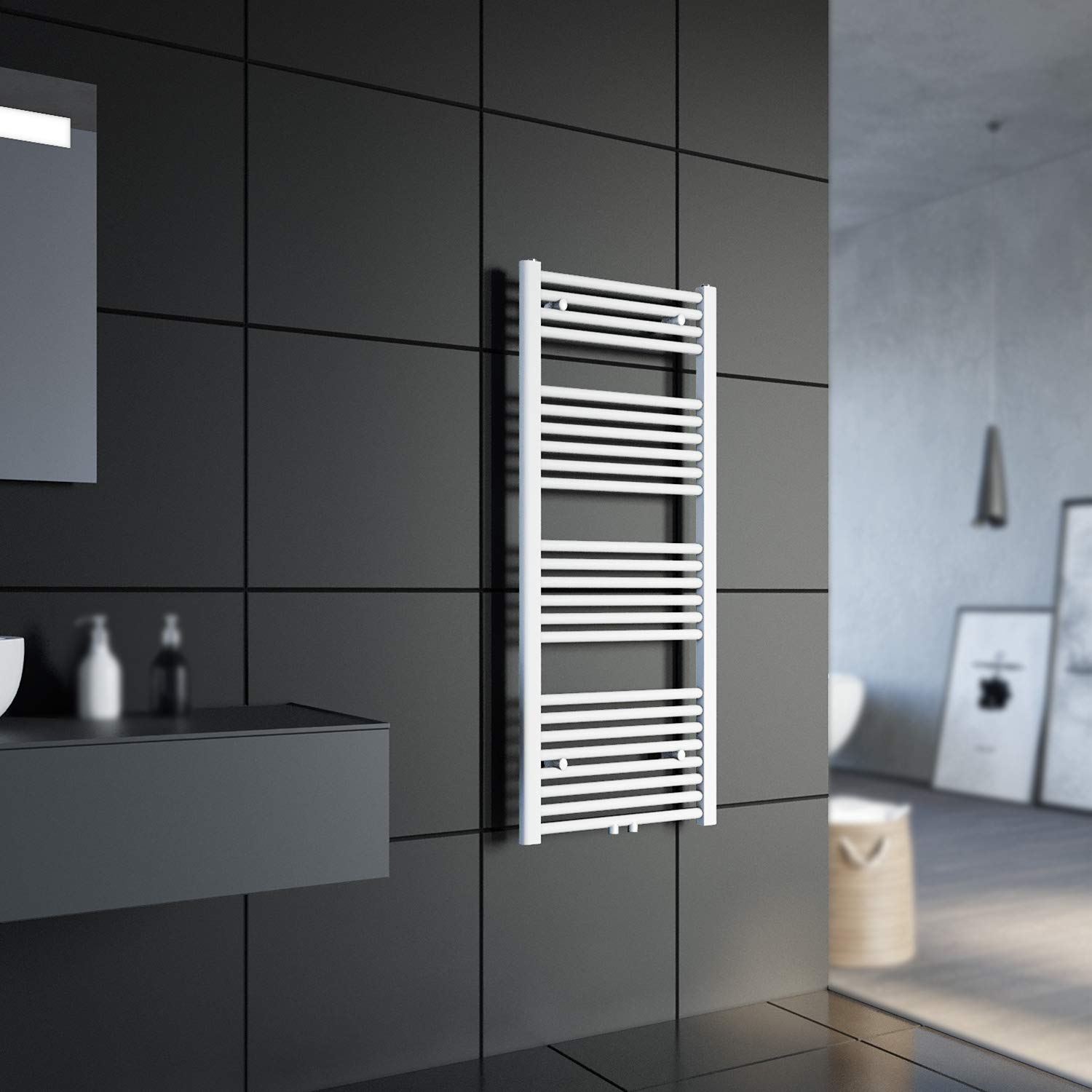 SONNI Grzejnik łazienkowy 1200 x 500 mm suszarka na ręczniki biały 490 W Design ogrzewacz do ręczników łazienka przyłącze środkowe ogrzewanie