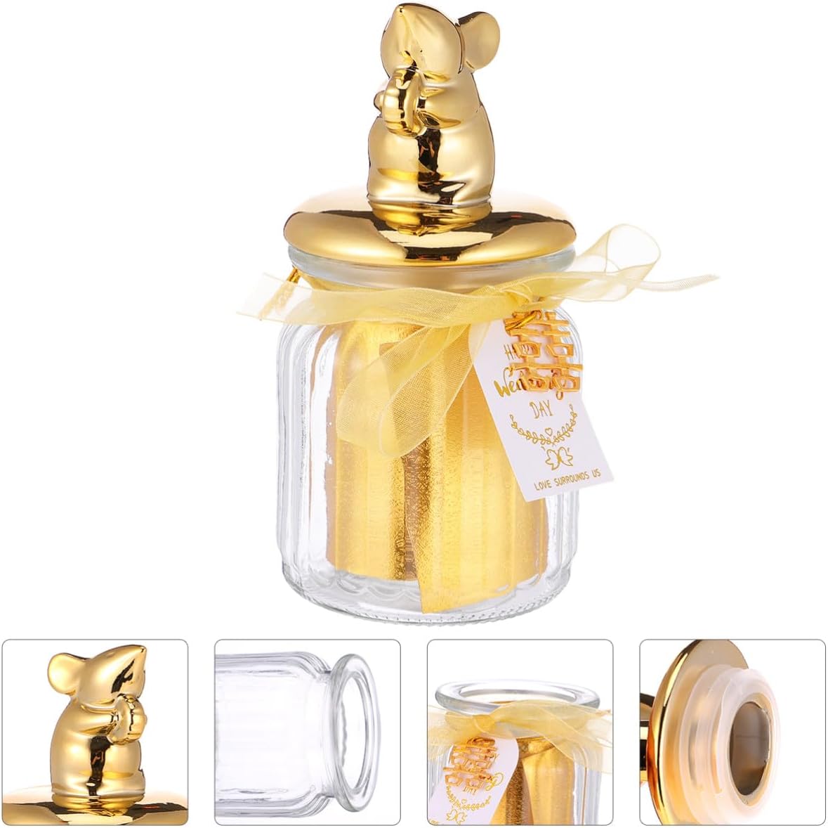 KALLORY Glass Candy Box with Ceramic Lid and Gold Trim, Sealed Glass Candy Jar for Wedding Favors, Holiday Party Display Storage Container