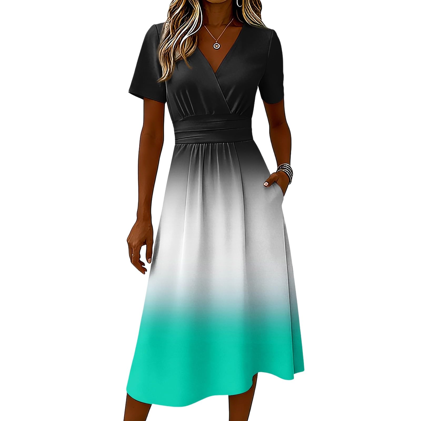 Generico Robe d'été à manches courtes – Robe mi-longue pour femme, taille haute, trapèze, col en V, couleurs mixtes avec plis, robe légère décontractée pour vacances à la mer