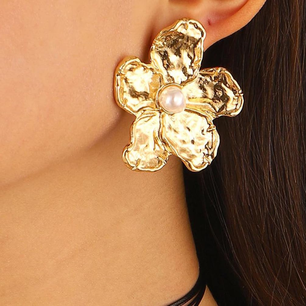 Statement Gold Big Hammered Flower Pearl Earrings for Women Trendy, Charm Boho Silver Large Floral Stud Earring Party Prom Y2k Aesthetic Jewelry Gifts - Image 5