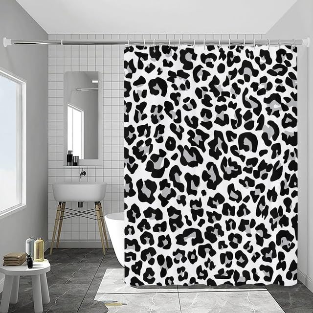 GardEssere Grey Leopard Print Curtain with 12 Hooks Snow Cheetah White Animal Pattern Fur Shower Curtains for Bathroom Decor Waterproof Bath Curtain Set 153X183 CM - Image 2