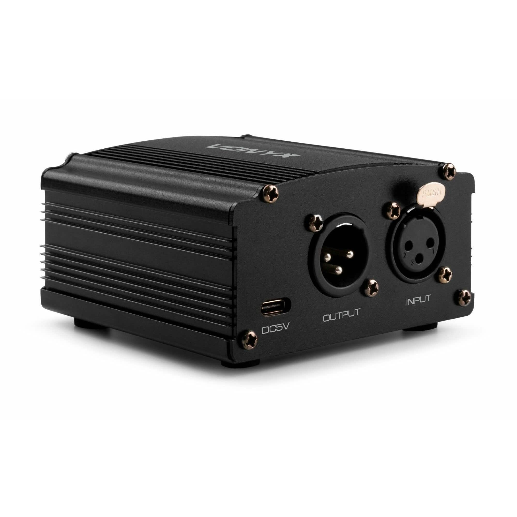 Vonyx VDX10 - Fuente de alimentación Phantom de 48 V para micrófono de Condensador, alimentación por USB-C, Entrada y Salida XLR balanceadas, compatibilidad Universal, Color Negro