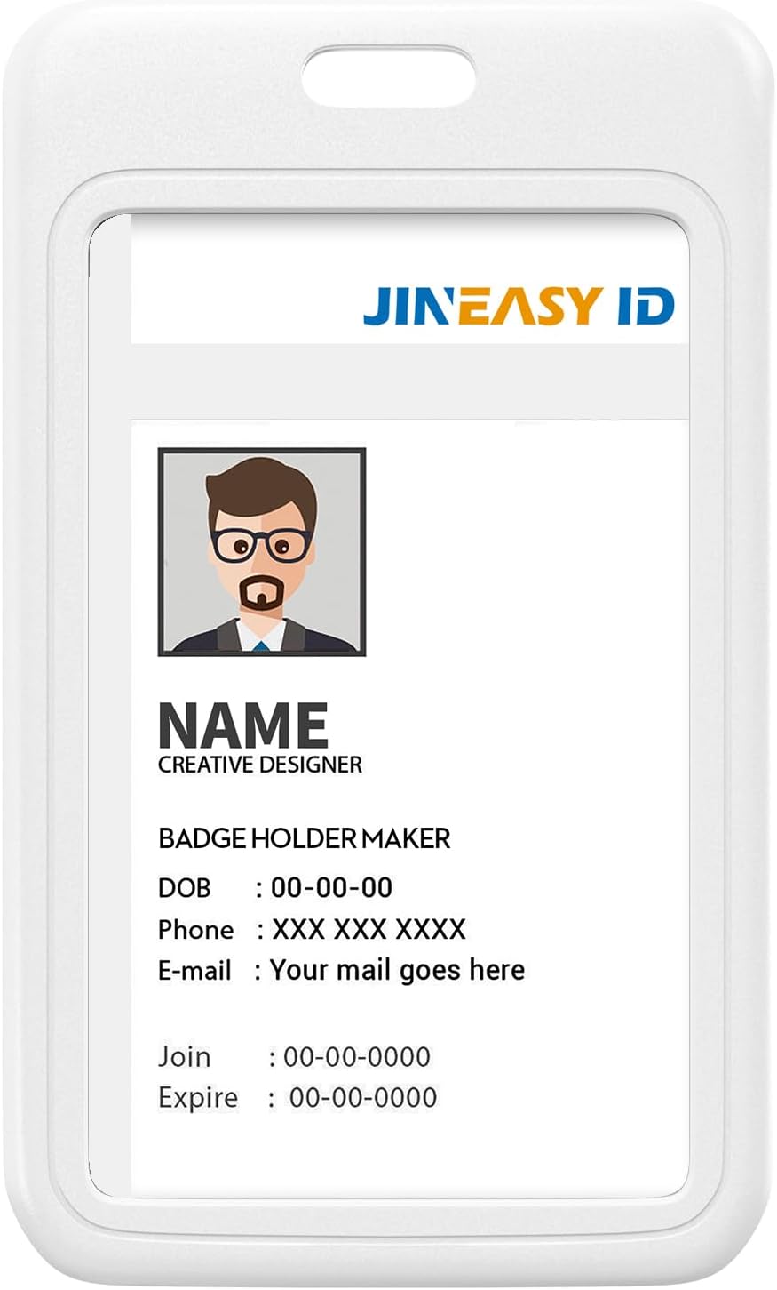JINEASY ID 2 Pack White Hard Plastic ID Badge Holder Vertical Lanyard ID Card Case