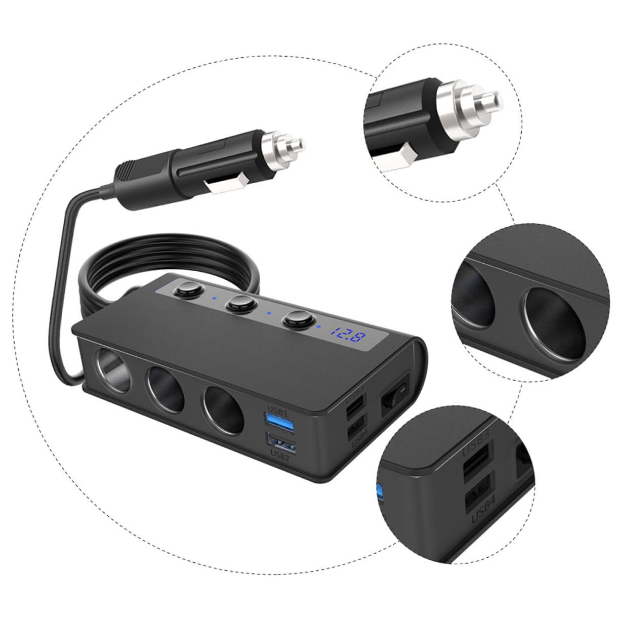 Adaptador Cargador para Coche 180 W, 12 V-24 V, 4 Puertos USB y 3 Tomas, Interruptor Independiente y Luz LED