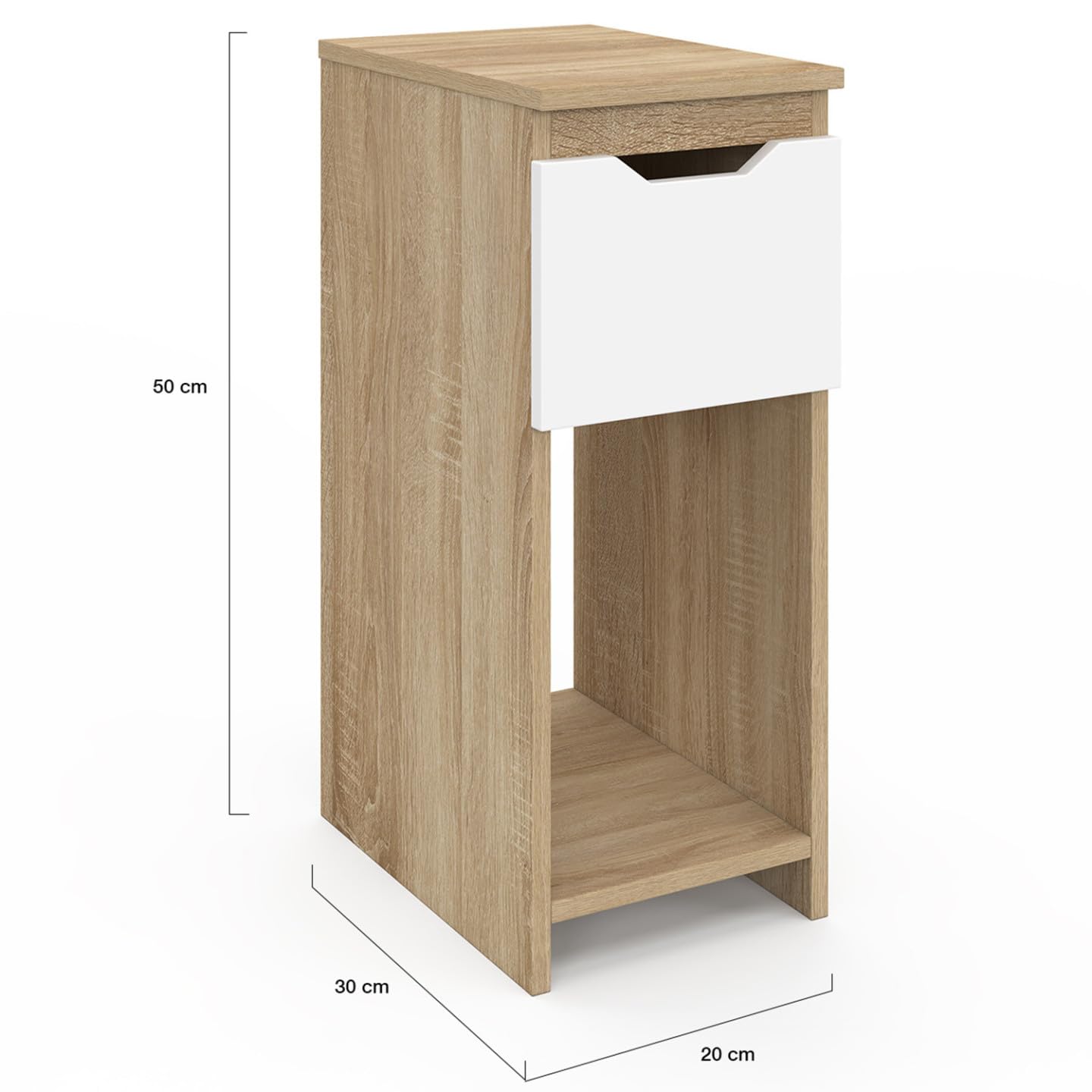 IDMarket - Lot de 2 Tables de Chevet étroites Anouk 1 tiroir avec Niche Bois façon hêtre et Blanc