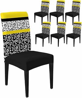 Chair Covers for Dining Room Set of 6,Watercolor Flower Pattern Stretch Seat Protector Removable Washable Chairs Slipcovers for Kitchen Banquet Wedding Hotel,Yellow Black Color Block Stitching