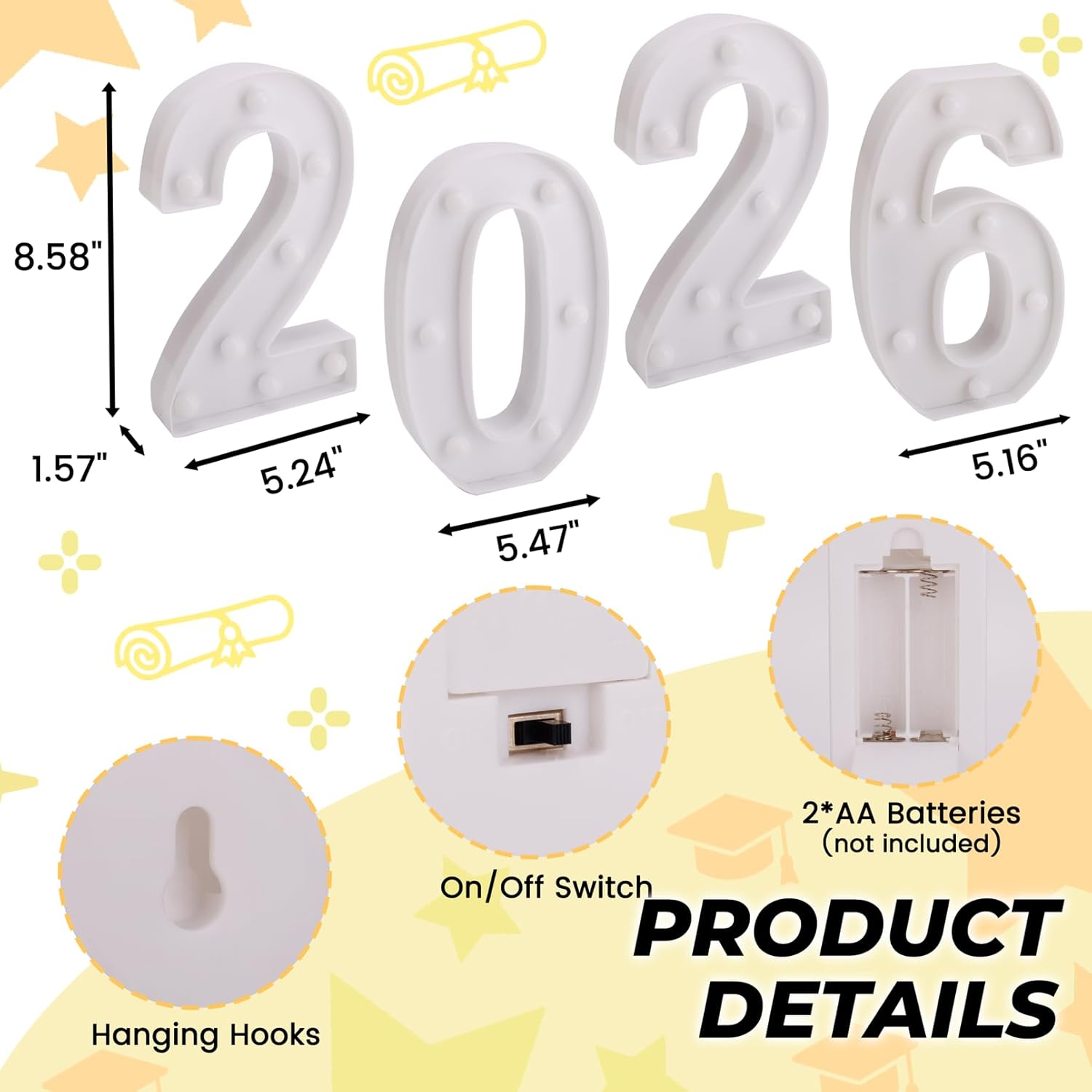 2026 Light Up Numbers - Battery Powered LED Marquee Numbers Lights for Graduation Party Decor, Class of 2026 Sign, New Year, Christmas & Senior Night Decorations