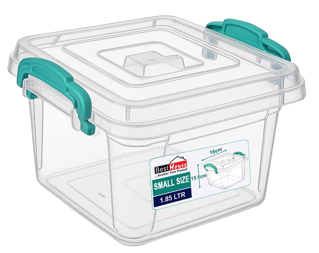 Best House | Small Plastic Storage Box with Clips & Lids |Size 1.85L (L:16.5cm W:16.3cm H:15.2cm) | Set of 1 | Square Shape |Stackable Clear Multipurpose Home Office Kitchen Tools Crafts (1.85 Litres) — image 1