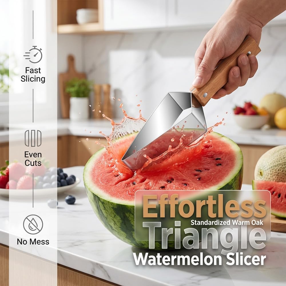 Coupe-Pastèque Triangle Acier Inoxydable Manche Bois Trancheur Melon Cuisine Camping