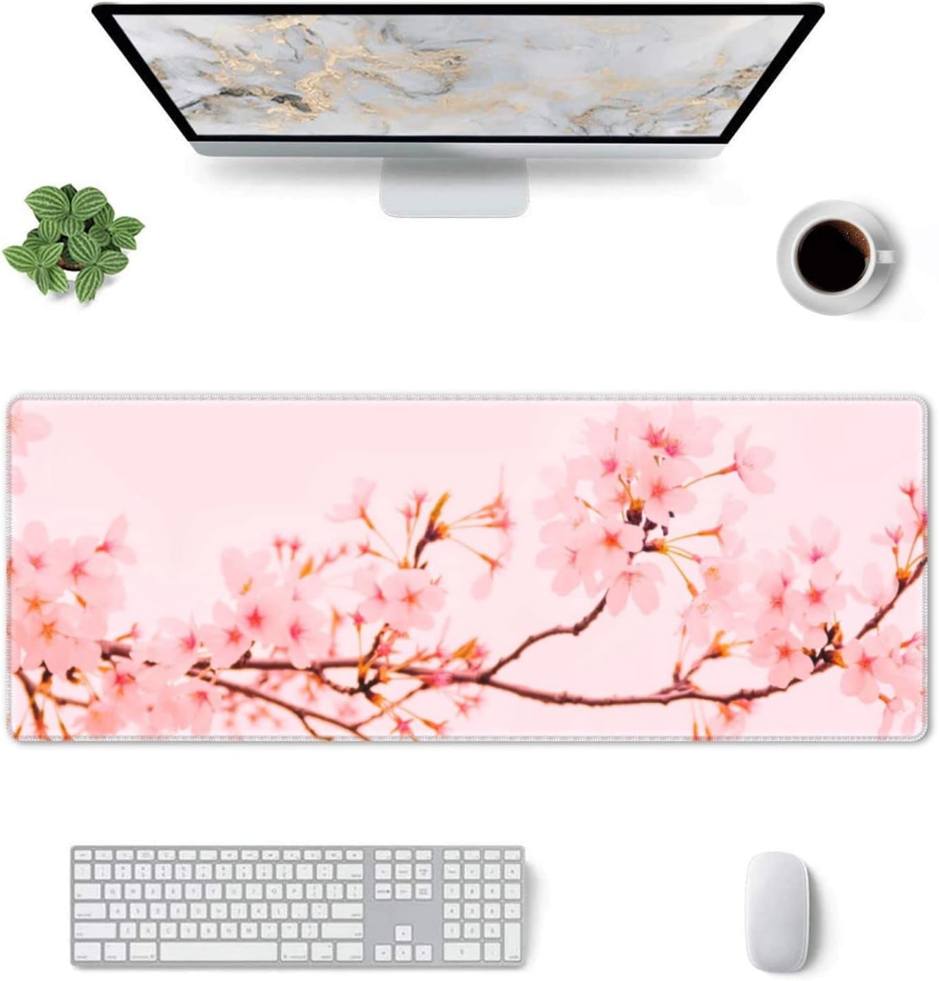 Sakura Cherry Blossom Gaming Mouse Pad XXL Large Office Desk Mat Non-Slip Waterproof Long Laptop Mat Pink Trees Painting