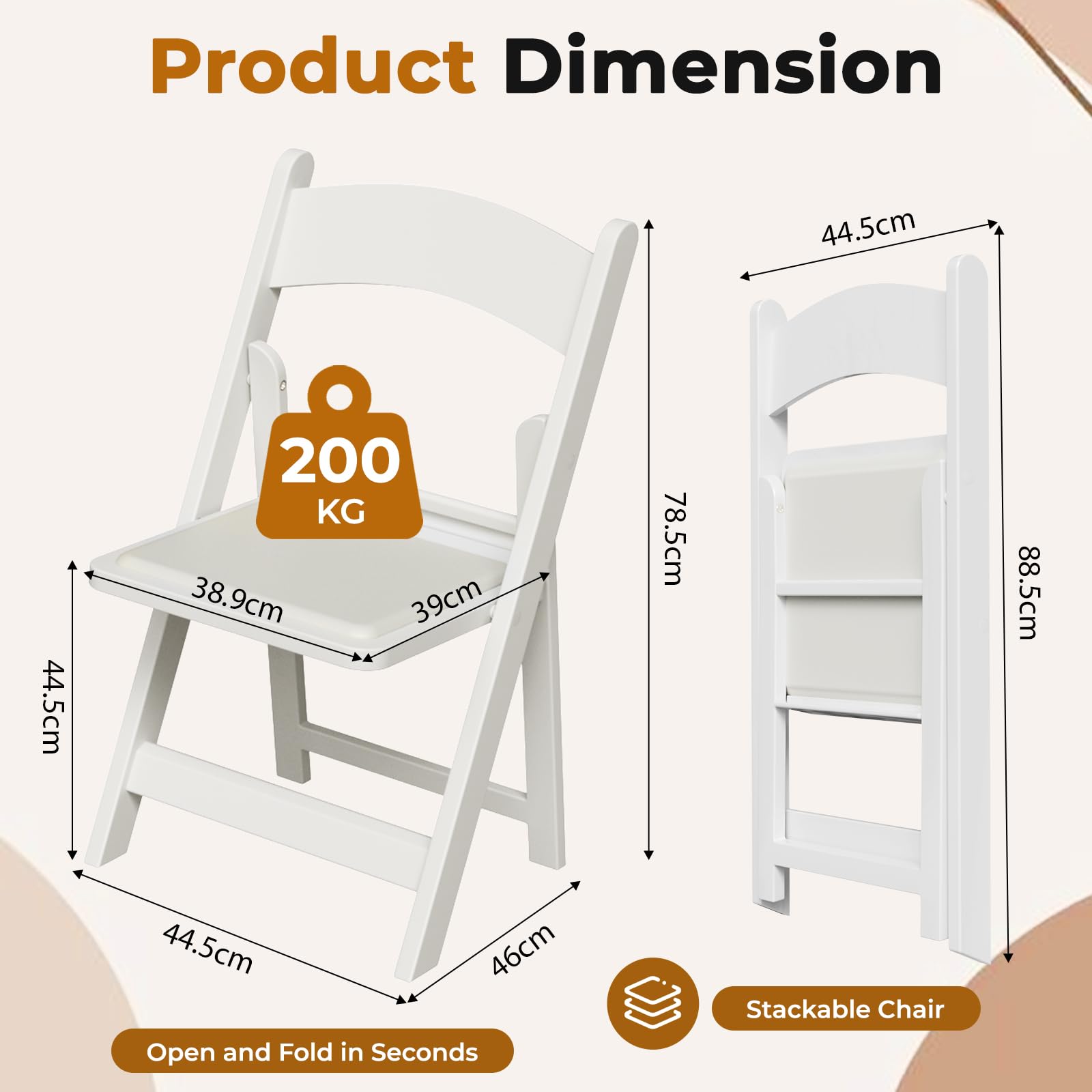 LIFERUN Lot de 2 Chaises Pliantes en Résine, Rembourrées, Charge Maximale 200 Kg, Empilables, Robuste et Durable, Idéales pour Invités, Jardin, Bureau, Camping, Usage Intérieur et Extérieur, Blanc