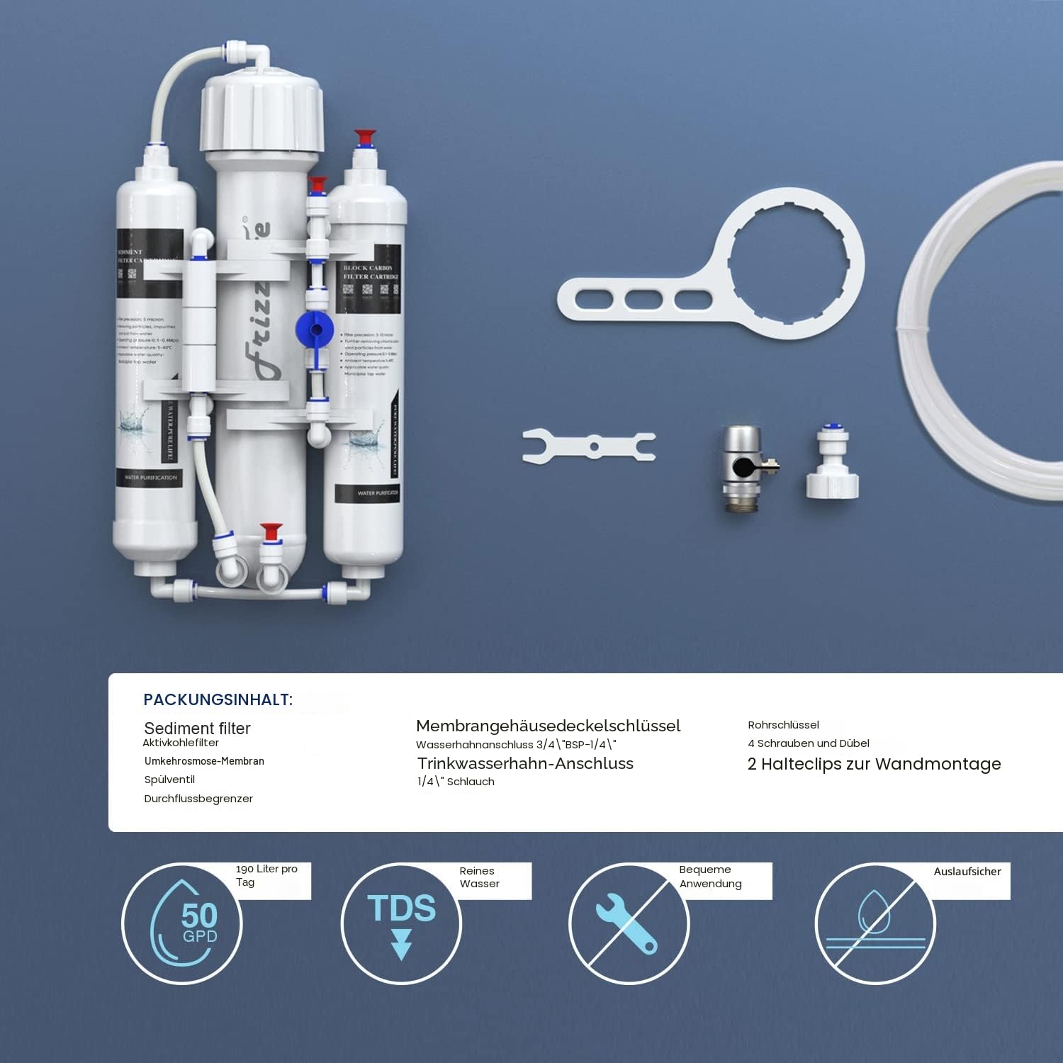 FRIZZLIFE Aquarium Außenfilter & Umkehrosmoseanlage, Kompaktes RO-Wasserfiltersystem, 3-stufig für tropische Fische, Diskusfische, Meeresfische, Kapazität 50 GPD, FAF50