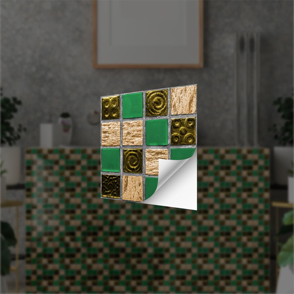 Naklejki na płytki Green Gazon & Gold, samoprzylepne naklejki z PCW, trwałe i wodoodporne, na ściany, podłogi i kuchnie/łazienki, 10 x 10 cm (zestaw 30 sztuk).