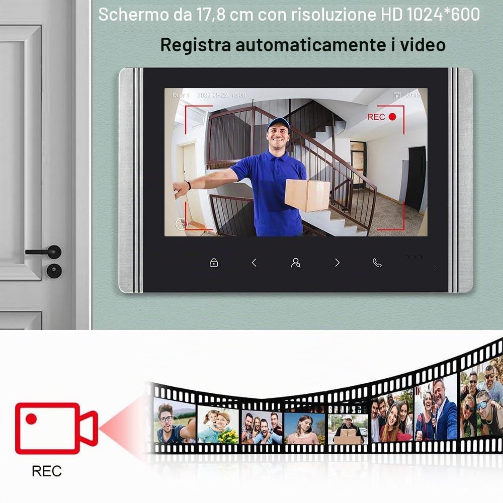 Sistema di Videocitofono Wi-Fi 1080P HD Telecamera con 2 Monitor, Videocamera con Schermo IPS da 7 Pollici per la Casa, Visione Notturna a IR, Registrazione, Sblocco APP Tuya