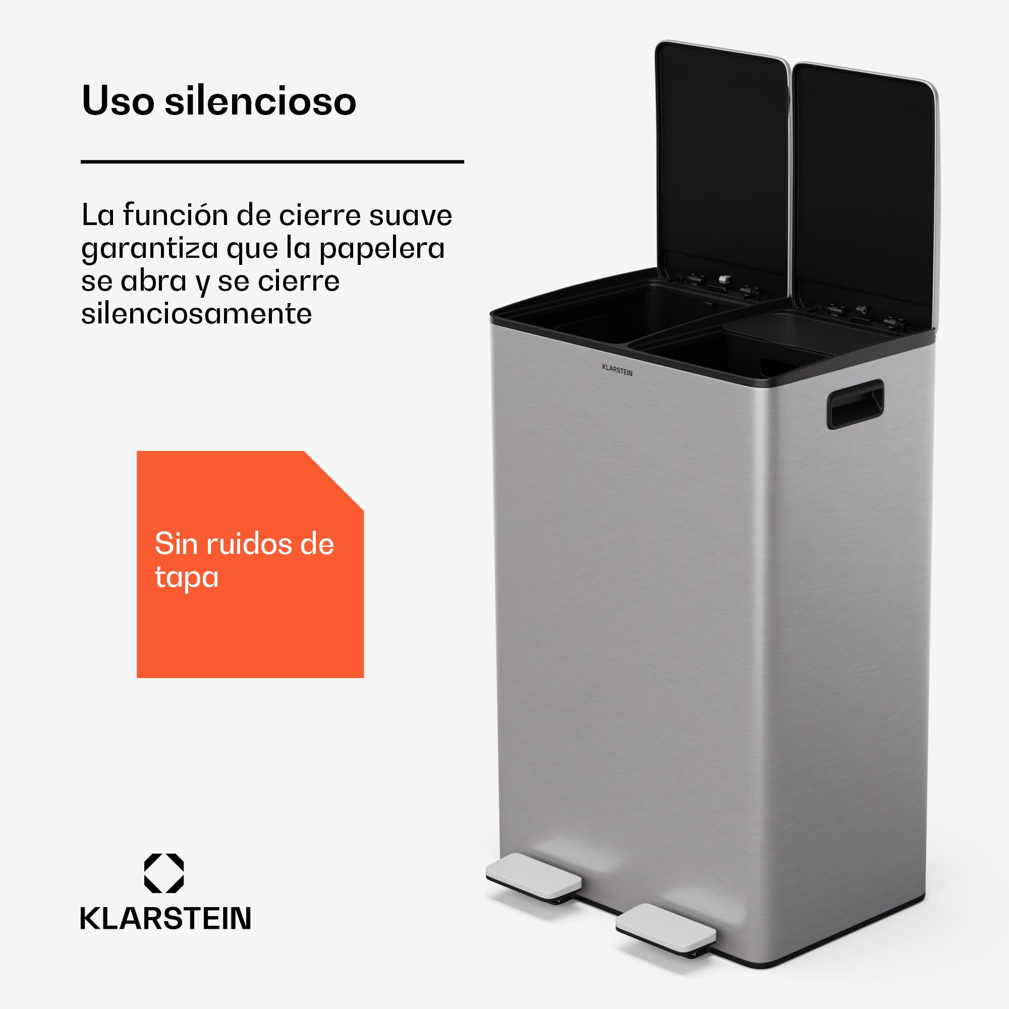 KLARSTEIN EcoVista Cubo de Basura Cocina - 60L con Compartimentos de 30L y 3L para compostaje, Cierre Suave, Acero Inoxidable, Papelera Cocina