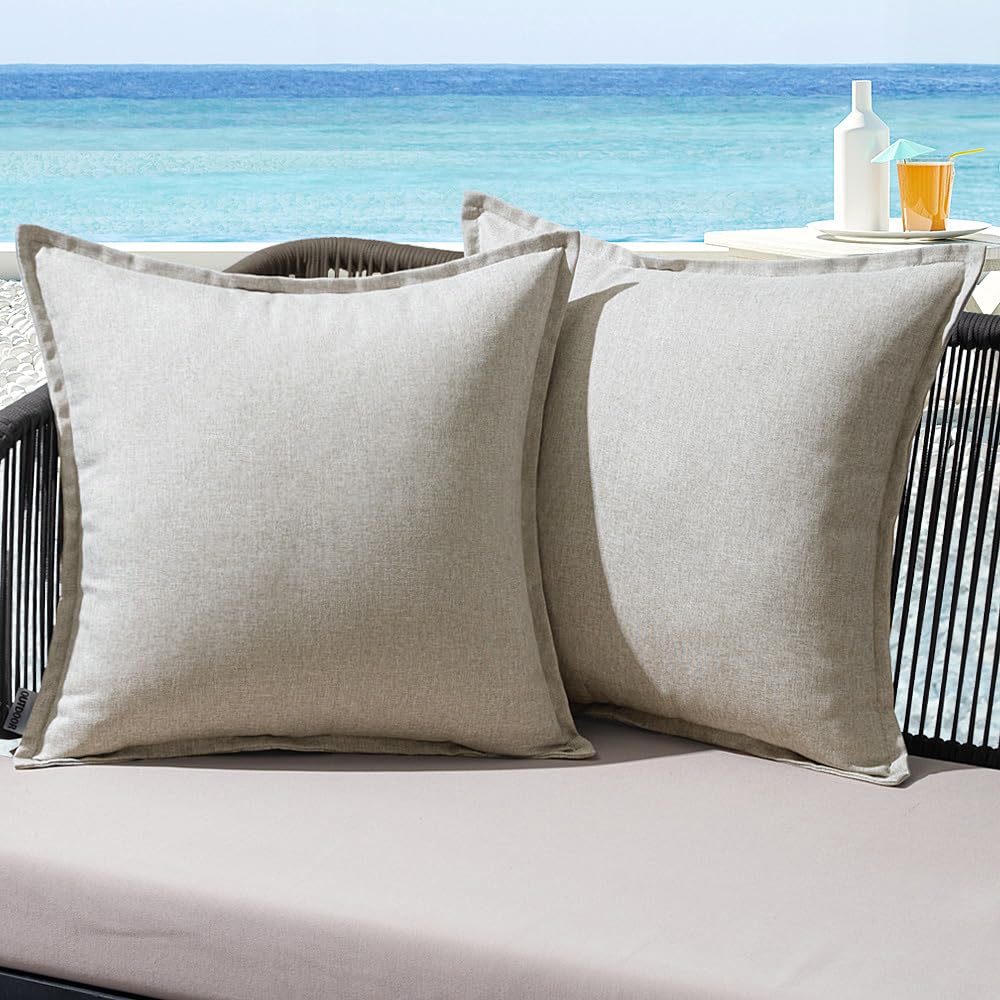 MIULEE Outdoor Cushions Waterproof Faux Linen Decorative Outside Cushion Covers Water Resistant for Garden Sofa Livingroom Chair Bedroom Tent Park Patio 40x40cm Set of 2 Grey White