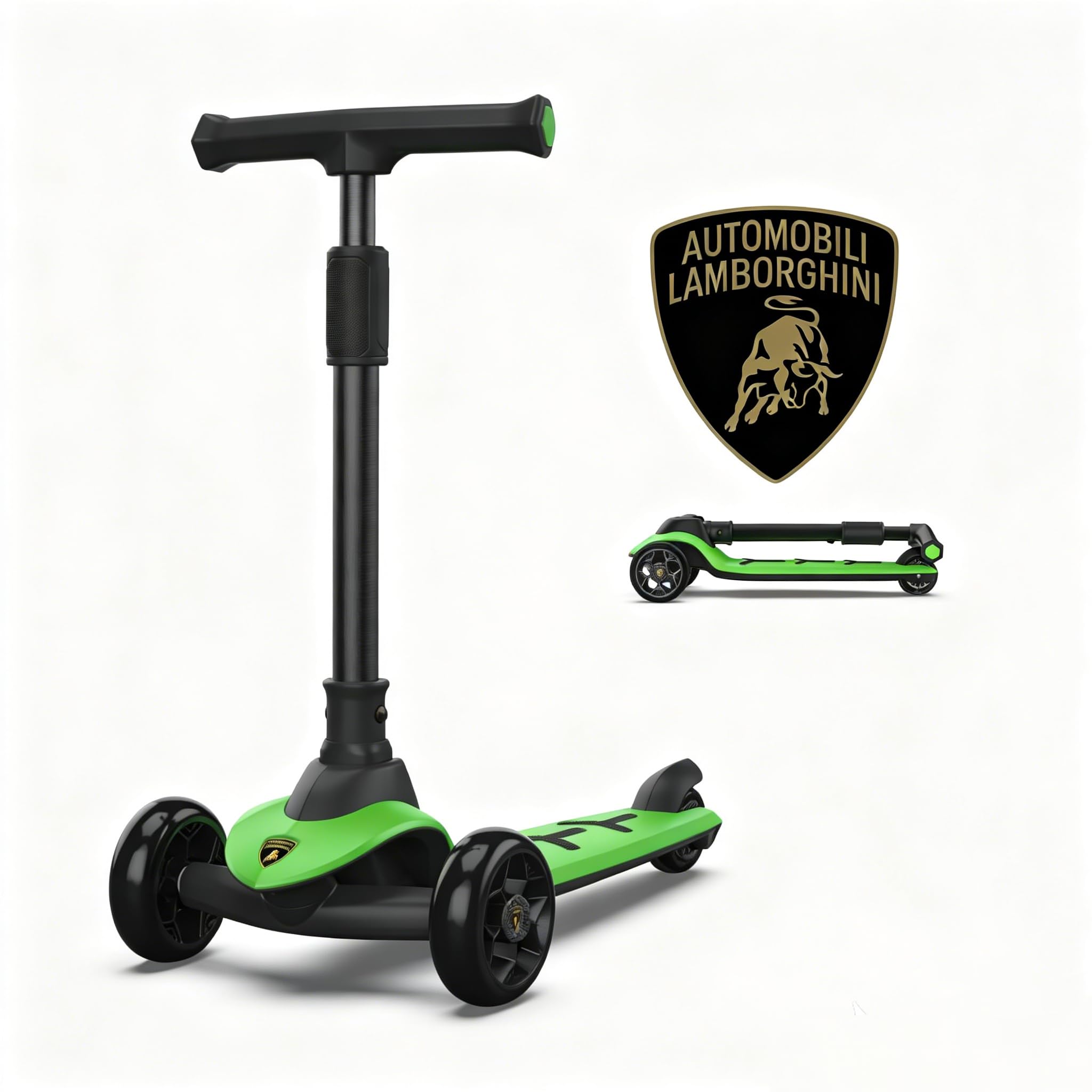 Lamborghini Kids Scooter,Big Wheels Foldable Kick Scooter, Flashing Lights, Adjustable Height,3 Wheel Scooter for Kids Aged 3+ (Green）