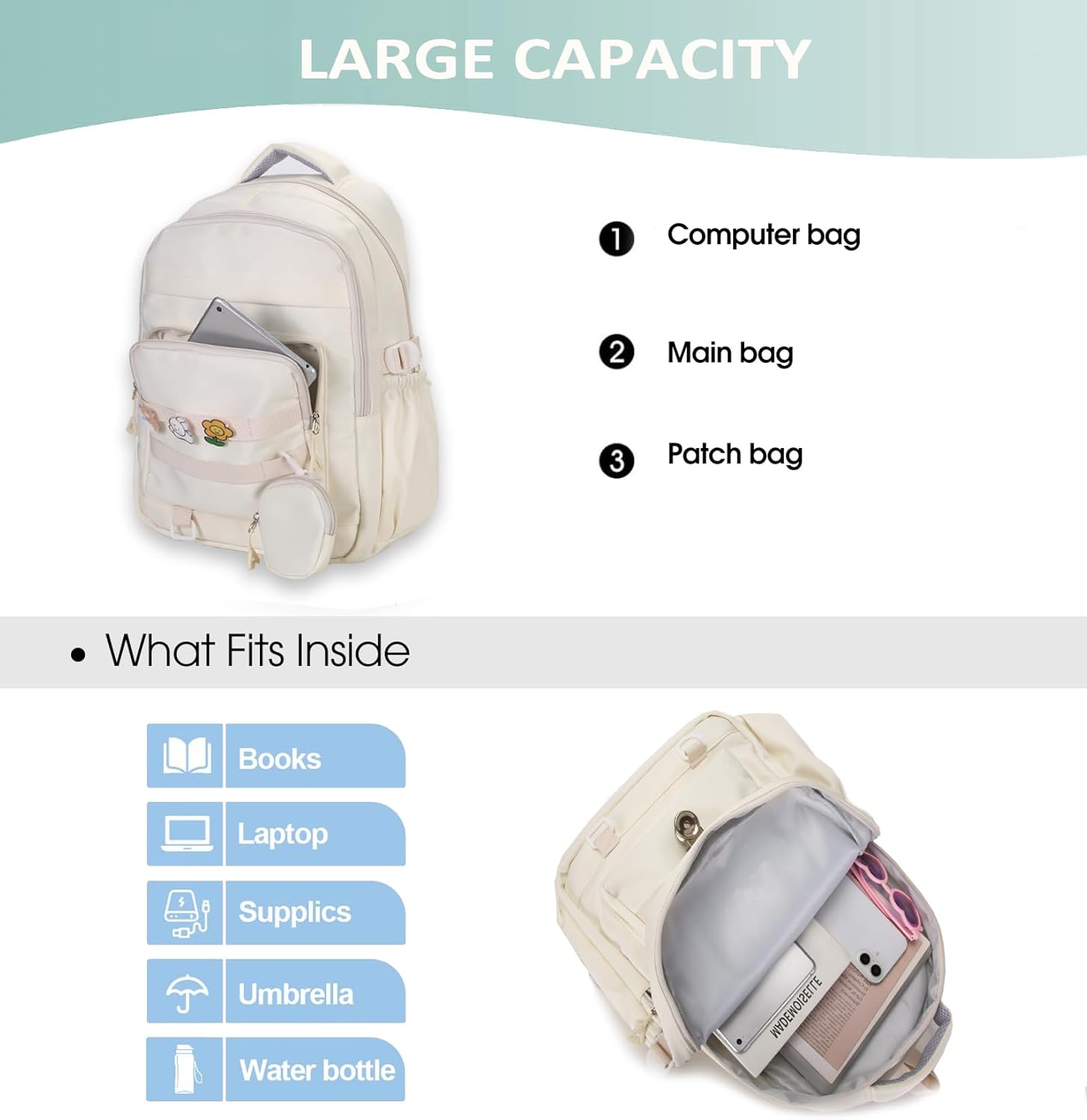 Cute Backpack for Teen Girls Boys, Aesthetic Laptop Bookbag for College High Middle School Student,Beige - Image 4