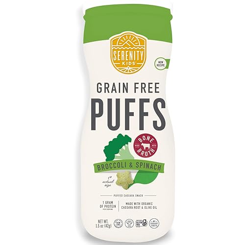 Serenity Kids 6+ Months Baby Veggie Puffs Snacks para niños pequeños, sin granos y gluten, sin azúcar añadido, brócoli orgánico de yuca y espinacas,
