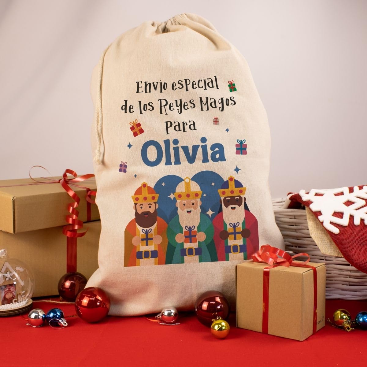 Saco Personalizado con Nombre. Bolsa de Regalos Papá Noel Personalizable. Saco Reyes Magos para Regalos. Adorno de Navidad Original.Cordón Ajustable. (Reyes Magos Regalos)