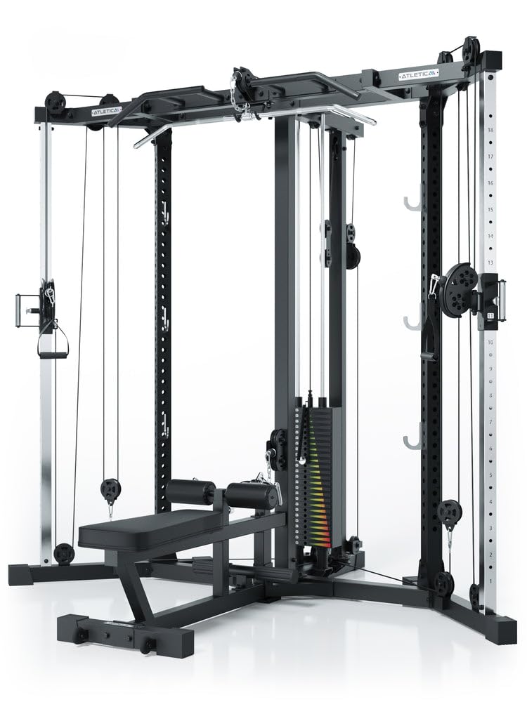 Atletica XTRIA | Kabelzugstation | Cross-Over-Kabelzug mit LAT- und Ruderzug | 125kg Gewichtsblock | abnehmbare Hantelbank | als Eck-Lösung für maximale Raumeffizienz