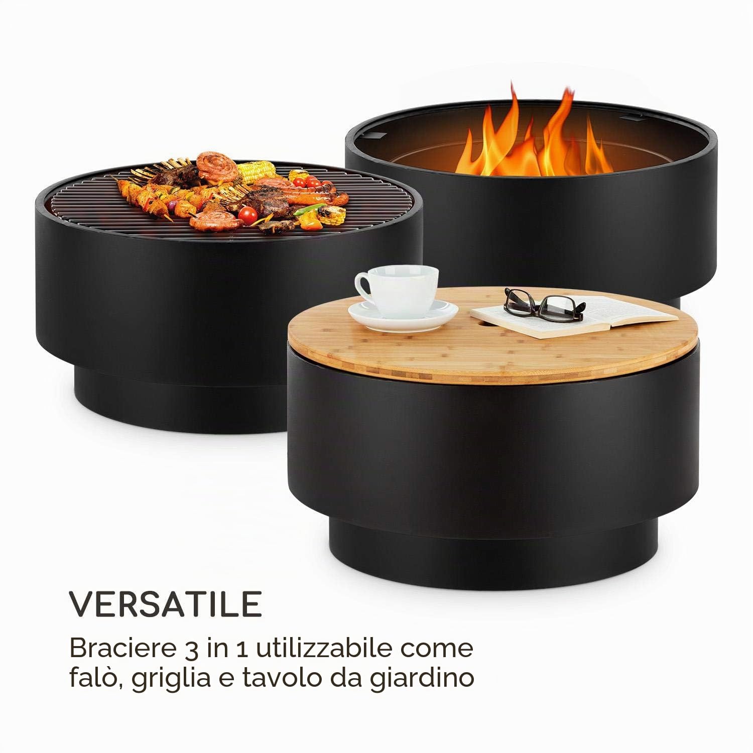 blumfeldt Pompeji Braciere e Grill, Ø 60 cm, Griglia Cromata Ø 56 cm, 60 x 40 cm (Ø x A), Grill a Carbonella con Piano in Bambù, Nero