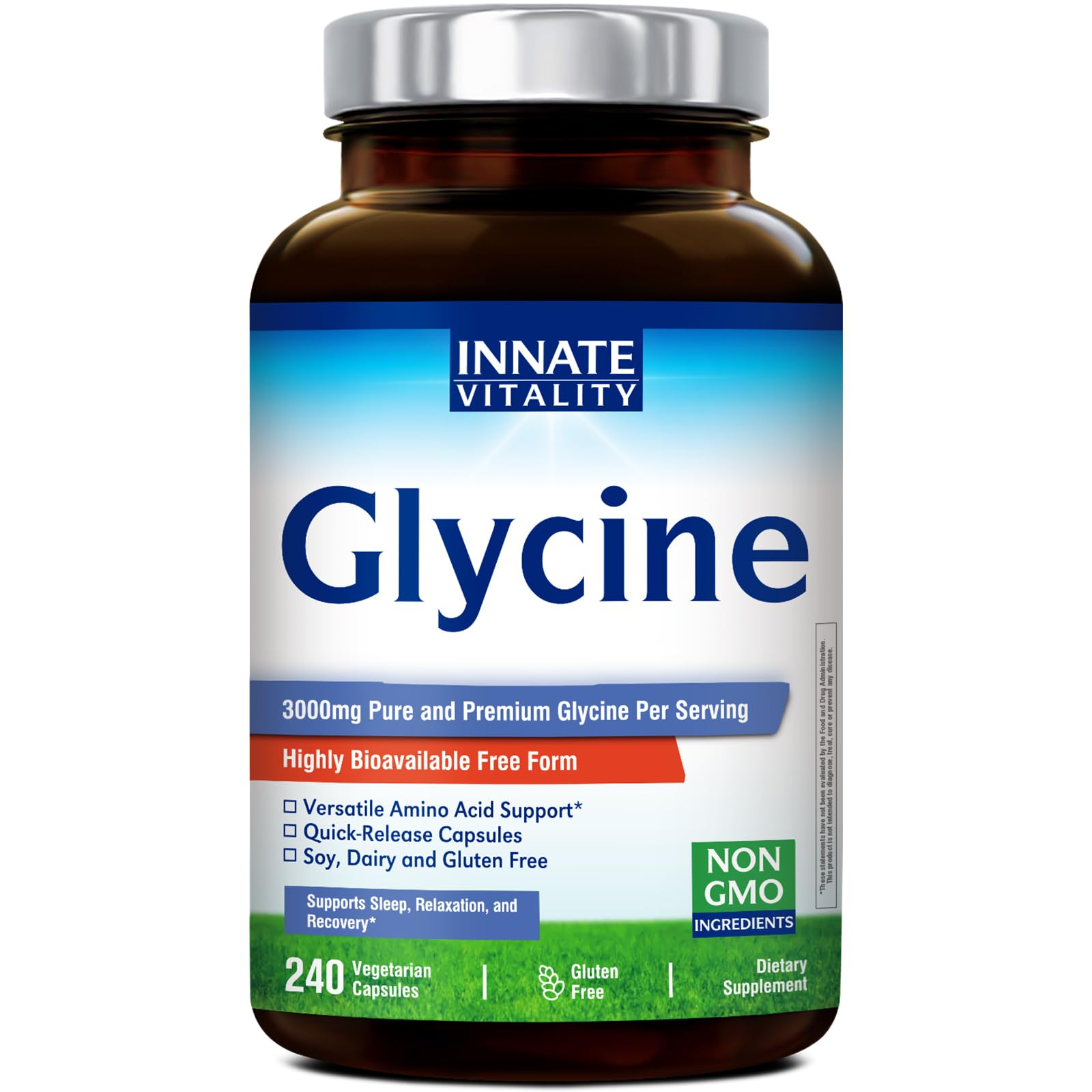 Amazon.com: Innate Vitality Glycine Supplements, 3000mg per Serving,  Bioavailable Form, Sleep, Relax, Collagen Glutathione Production, Non-GMO,  Conditionally Essential Amino Acids, Vegan, 240 Capsules : Health &  Household