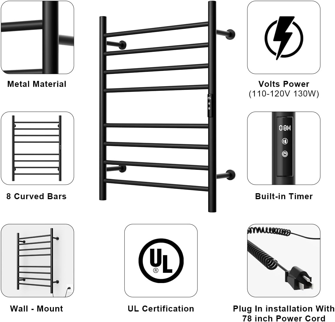 MENATT Heated Towel Rack with 1-8 Hours Timer, Wall Mounted Towel Warmer Rack for Bathroom,8 Bars Heated Towel Rack Adjustable Temperature (Matte Black)