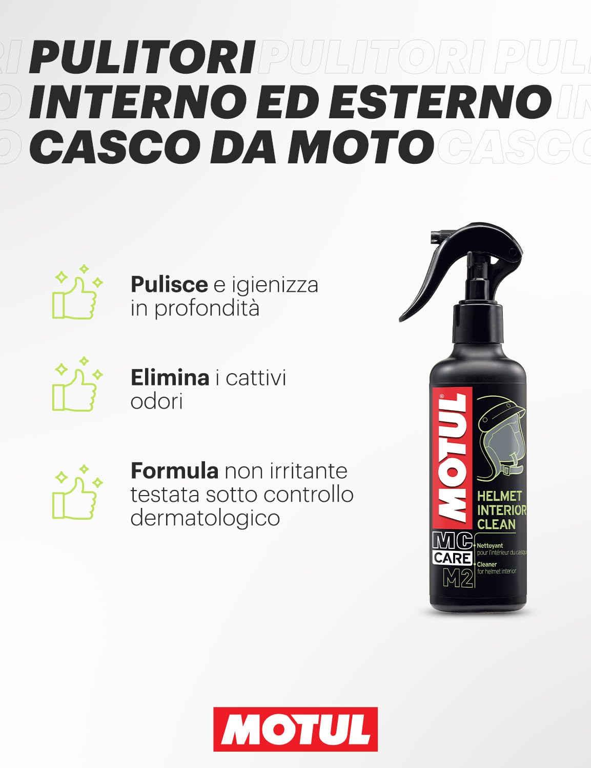 Motul - Kit di Pulizia per Caschi da Moto - Pulitore Esterno per Casco e Visiera + pulitore Interno + Panno in Microfibra - MC Care Helmet & Visor Clean M1 - MC Care Helmet Interior Clean M2