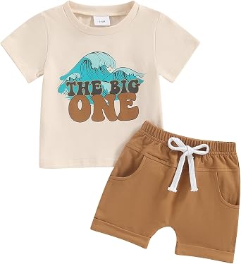 2Pcs Baby Boy 1st Birthday Outfit The Big One Wave Short Sleeve T-Shirt Tops Shorts Pants Set Summer Clothes