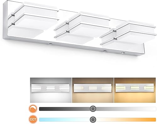 Lámparas de baño regulables de 3 colores con temperatura sobre el espejo, luces LED cromadas de 3 luces, accesorios de iluminación de tocador de