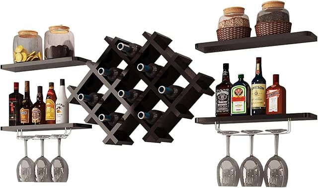 COSTWAY Wall Mounted Wine Rack with Floating Shelves, Champagne Glass Bottle Holder Bar Accessories Organiser Unit, Home Kitchen Dining Room Wine Storage Display Shelf (Black)