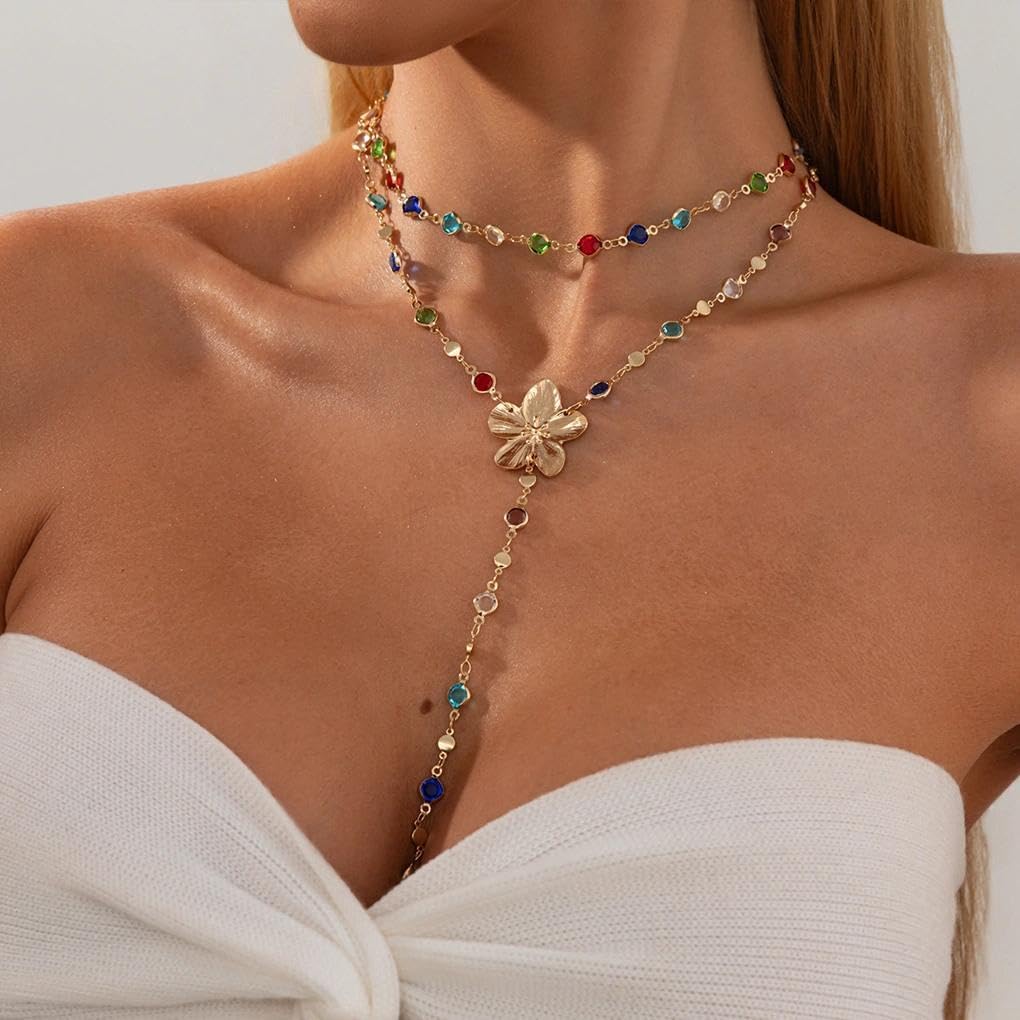 Colorful Layered Crystal Beaded Flower Lariat Necklace for Women,Boho Rainbow Rhinestone Y Drop Stacked Choker Necklace Vintage Fashion Jewelry Gifts