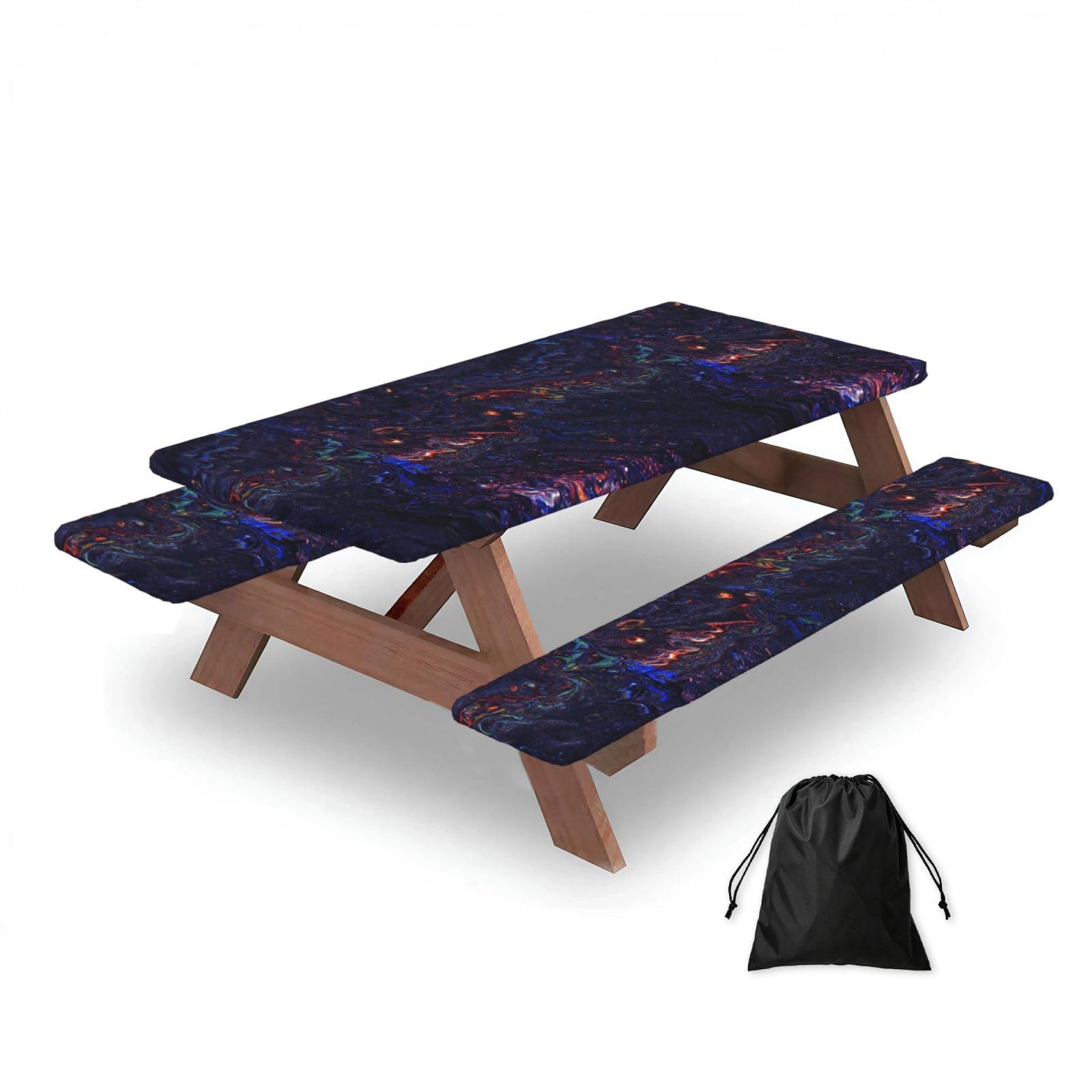 Abstract Texture Fluid Printed, Picnic Table Cover With Bench Covers -Waterproof Elastic Fitted Tablecloth for Garden Camping Patio 76x152cm
