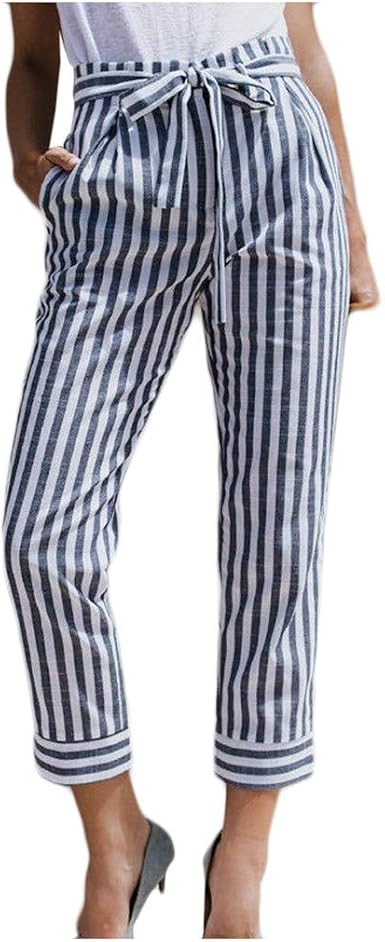 Women Bow Tie High Waist Pants Stripe 