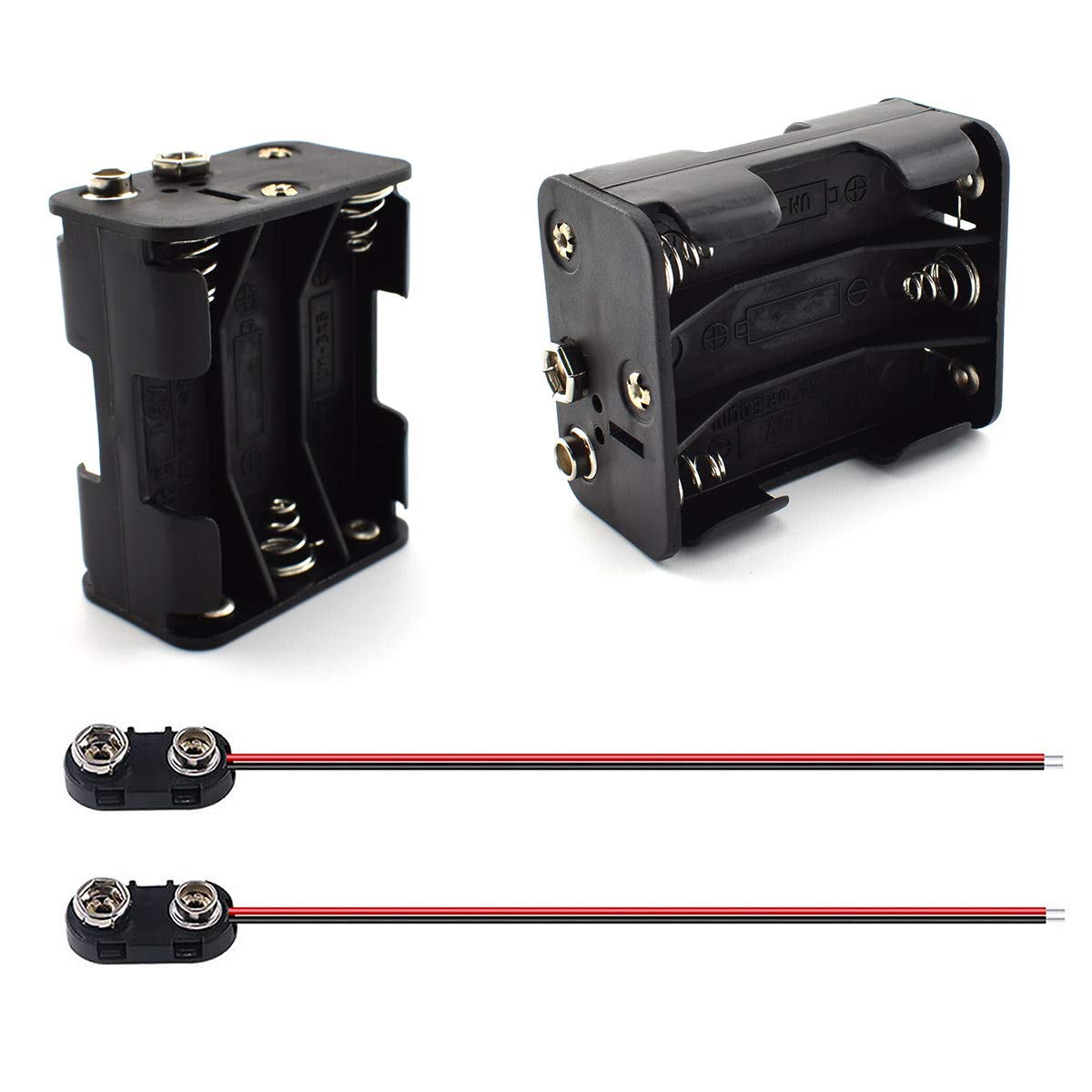 SDTC Tech 2-Set 6X 1.5V AA Battery Holder and I Type Battery Snap Connector Kit 9 Volt Thicken Plastic Battery Case Box