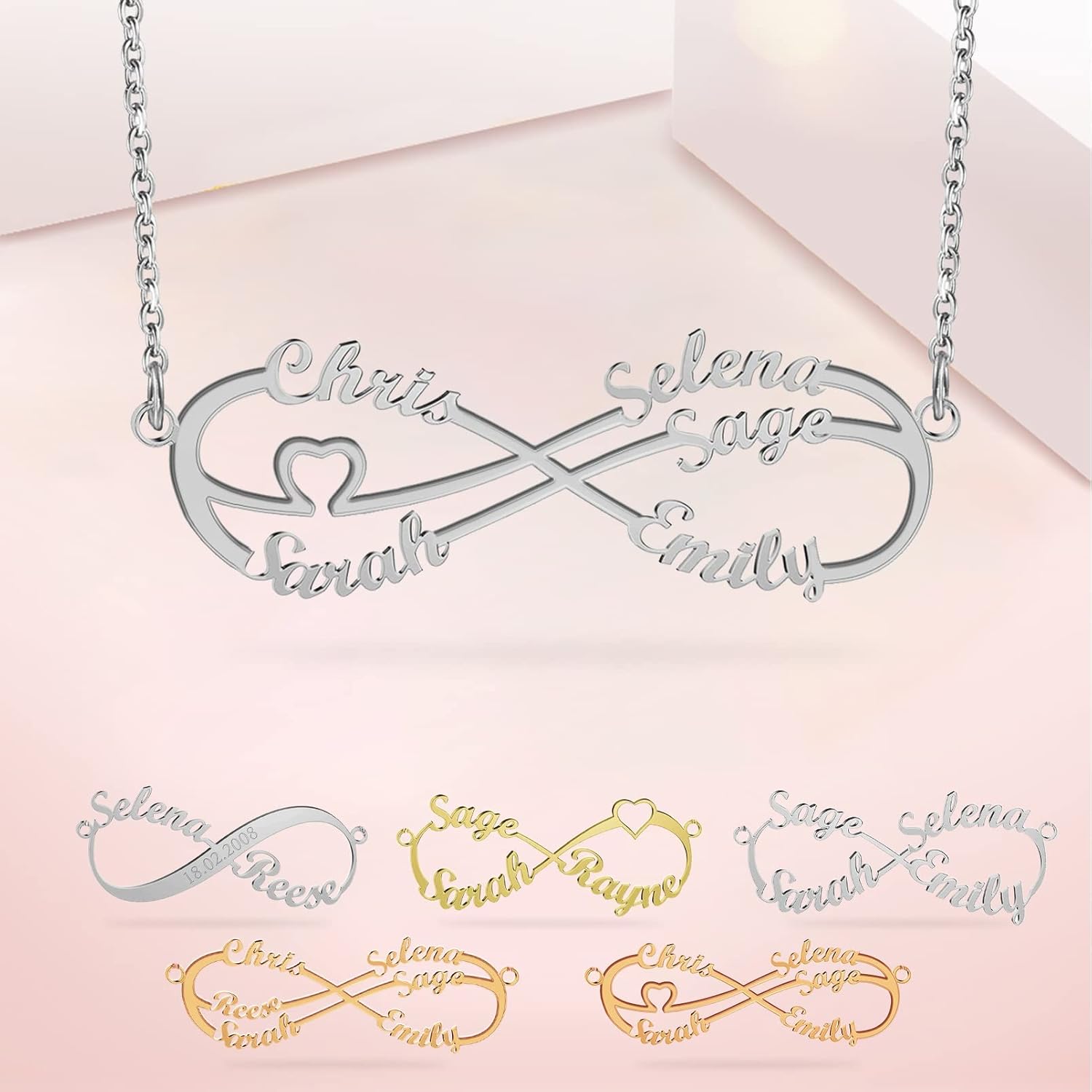 BAUMA Womens Infinity Name Necklace Personalized 1-8 Name Pendant Necklace for Mother Grandmother Custom Name Jewelry for Christmas Mothers Day