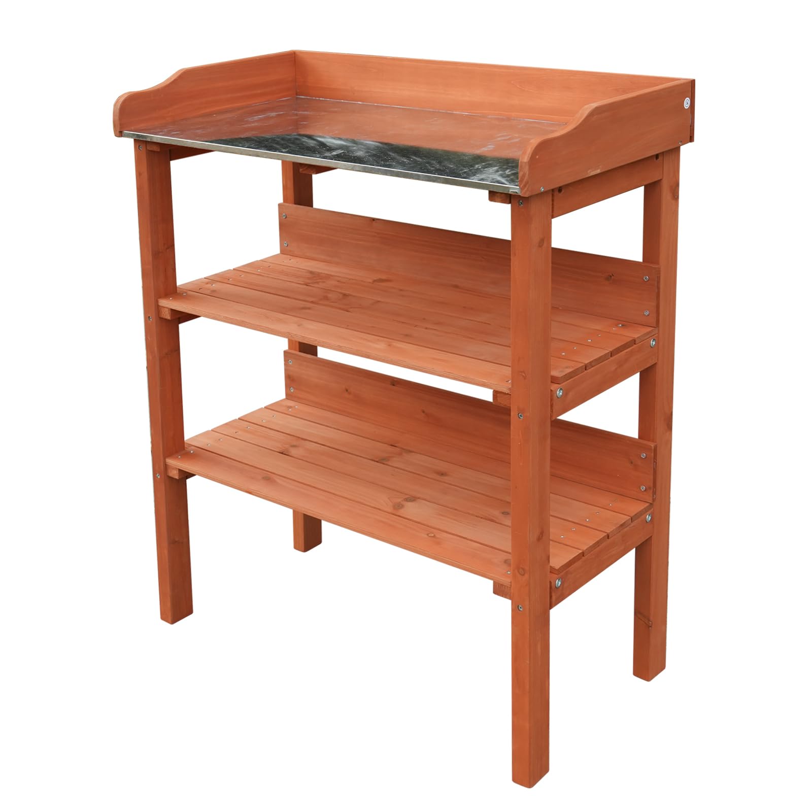 Pflanztisch aus Holz mit 3 Ablagen, Gartentisch mit Metallablage und Werkzeughaken, Orange