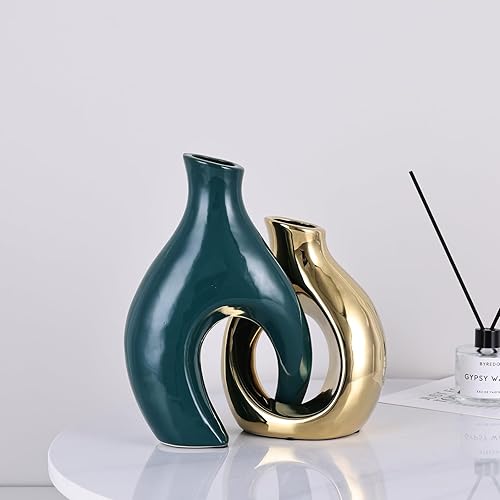 Miniatura 7 de Juego de 2 jarrones huecos de cerámica verde y dorado, moderno de mediados de siglo, florero decorativo de donas, jarrón dorado bohemio para hierba